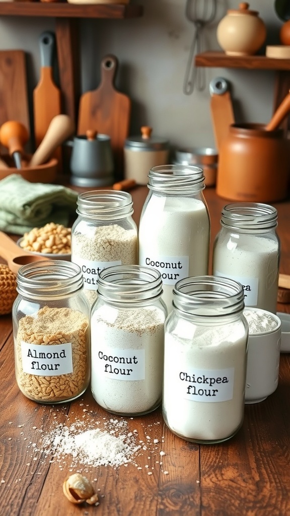 Homemade Flour Varieties: 6 Types You Can Make at Home Various homemade flours in jars on a wooden table, including almond, oat, coconut, rice, chickpea, and whole wheat flour.